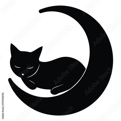 Black cat sleeping on crescent moon resting peaceful