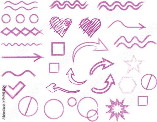 Collection of hand drawn pink scribbled shapes arrows and symbols on white background