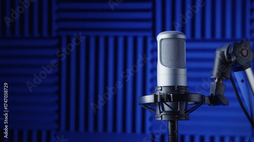 A close-up of a podcasting or broadcasting microphone with an acoustic foam background