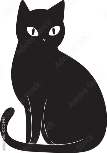 Vector art of a black cat sitting, looking straight ahead with bright eyes
