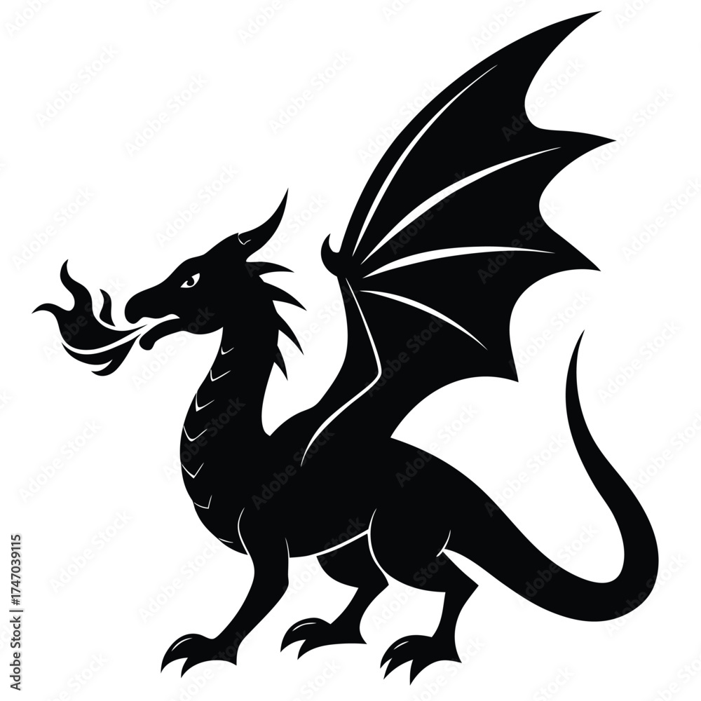 Fototapeta premium Black dragon breathing fire silhouette wings
