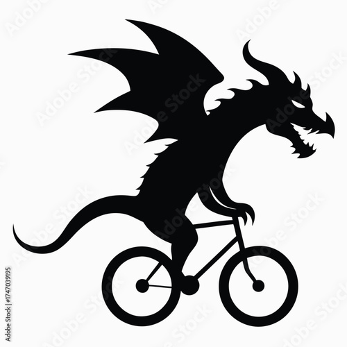 Black dragon riding bicycle silhouette vector