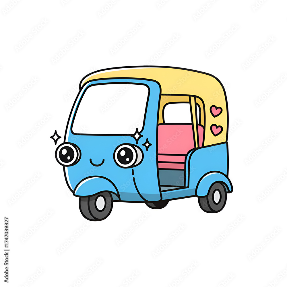 Fototapeta premium Adorable auto rickshaw with cute eyes, perfect for travel blogs, children's books, or whimsical branding. Fun transportation for creative projects.