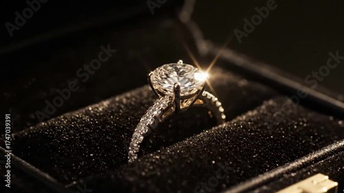 Elegant sparkling diamond ring in a black box, silver and white, representing engagement and luxury