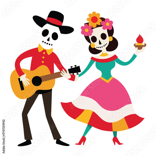 Day of the Dead Vector Illustration ? Sugar Skull Skeletons Dancing and Playing Music .eps