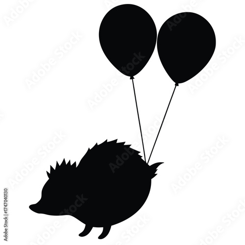 Black hedgehog flying with balloons animal silhouette