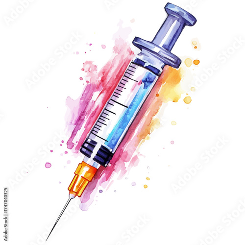 watercolor vector of Syringe, isolated on a white background.