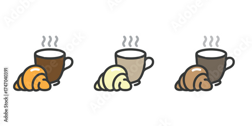 Vector icon set showing a steaming hot drink (coffee or tea) next to a croissant or pastry, representing breakfast, cafe, snack time, or bakery items