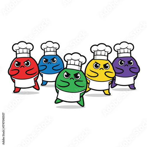 Adorable kawaii chef characters colorful blob monsters ready to cook kitchen fun vector