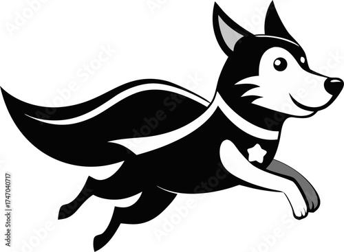  Superhero dog flying with cape, vector icon, black and white, white background