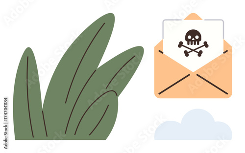 Open envelope with skull and crossbones warning, green leaves, and a cloud. Ideal for danger, caution, toxic communication, threat, eco-awareness warnings and abstract messaging. Simple flat