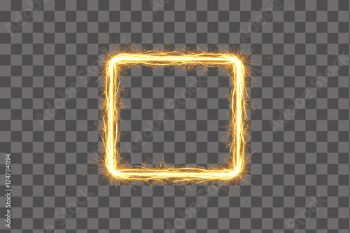 Glowing fiery square spark frame with bright energy light border isolated transparent background PNG