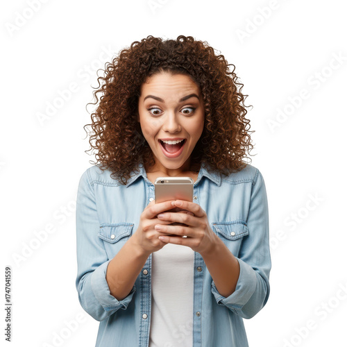 Excited young woman with curly hair looking at her smartphone isolated on transparent background surprised and happy girl in denim shirt receiving good news on her mobile phone