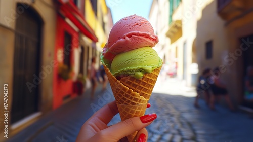 Close-up of a hand holding a cone with two colorful scoops of Italian gelato