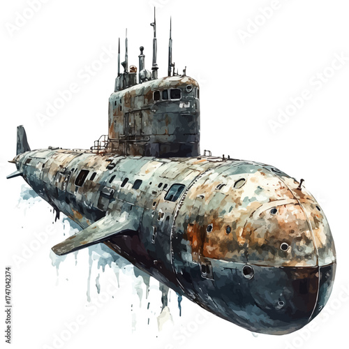 watercolor of Submarine, vector, isolated on a white background.