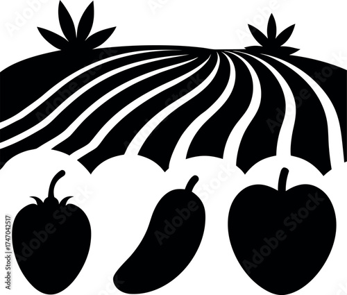 black and white illustration of eggplant tomato and apples