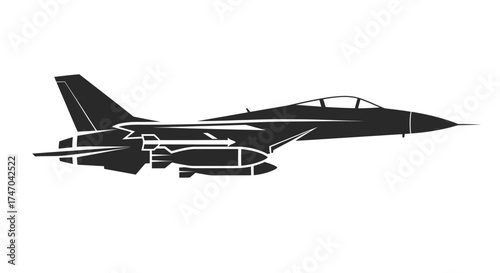 Black Silhouette of a Modern Fighter Jet with Underwing Missiles.