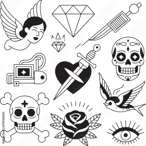 Classic Tattoo Flash Sheet with Angel Rose Skull and Heart