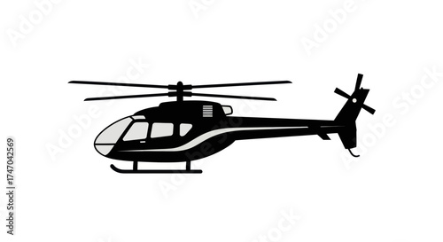 Silhouette of a sleek black helicopter with visible rotor blades and landing skids.