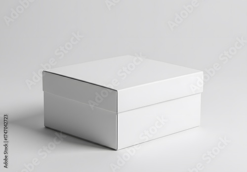 A pristine white box, simple and elegant. The minimalist design emphasizes the object's shape and form, showcasing a perfect square and clean lines.