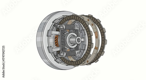 Detailed Clutch Assembly Illustration with Visible Internal Components and Metallic Finish.