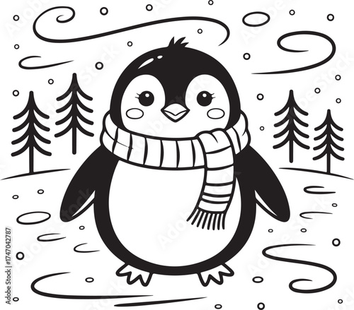 Cute Cartoon Penguin Wearing Scarf in Winter Landscape Illustration
