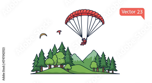 Colorful Paraglider Soaring Above Green Forest and Mountains.