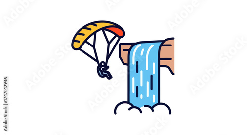 Thrill-seeking paraglider descending near a cascading waterfall.