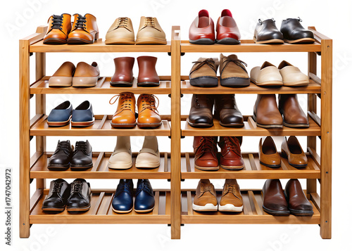 Wooden shoe rack with various types of footwear, isolated on transparent background.png