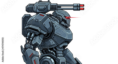 Armored Robot Warrior with Heavy Weaponry and Red Laser Sight.