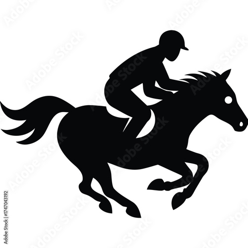 Jockey riding black horse racing equestrian
