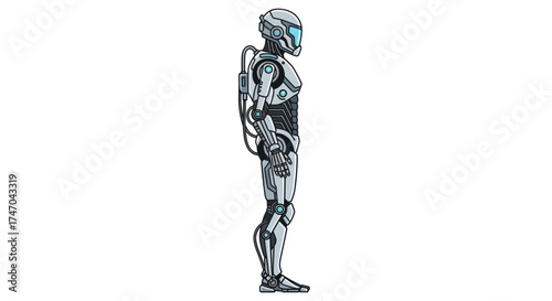 Futuristic humanoid robot with advanced cybernetic enhancements and a backpack unit.