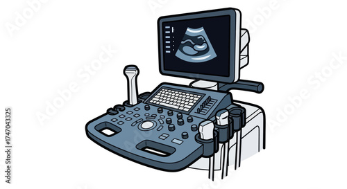 Ultrasound Machine with Screen Displaying Fetus Image.