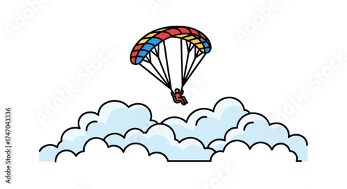 Cartoon Parachutist with Colorful Parachute Descending Above Clouds.