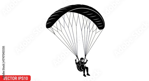 Silhouette of a Paraglider in Flight with Harness and Canopy.