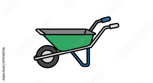 Colorful illustration of a green garden wheelbarrow with a single wheel and blue handles.