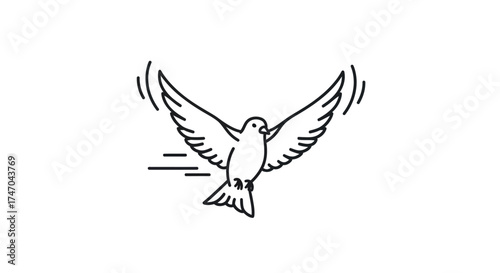 Simple Black and White Outline of a Flying Dove.