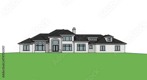 Elegant White Mansion with Black Roof and Windows.