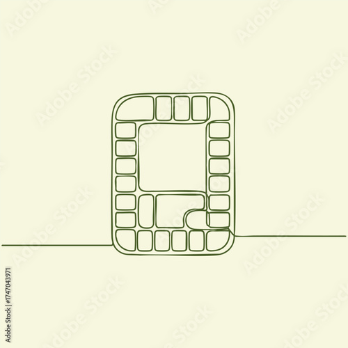Minimalist line drawing of a rectangular object with rounded corners and internal compartments on a light