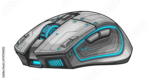 Futuristic Gaming Mouse with Blue Accents and Detailed Design.