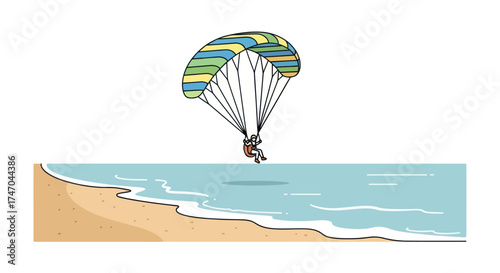 Cartoon Parachutist Gliding Over Ocean Waves and Sandy Beach.