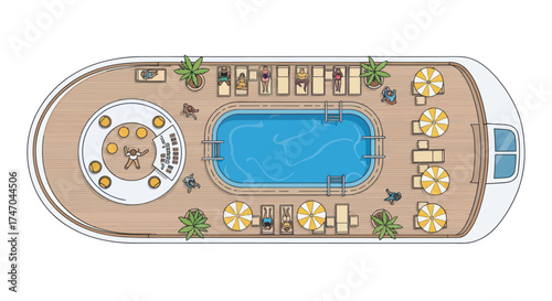 Aerial View of a Luxurious Cruise Ship Deck with Pool and Seating.