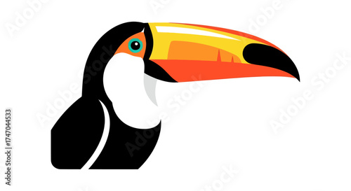 A stylized graphic illustration of a tropical toucan bird with a large colorful yellow and orange beak.