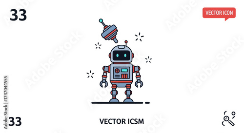Adorable retro robot with spinning top toy on its head.