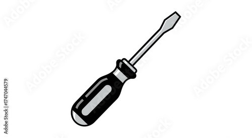 Flathead Screwdriver with Black and Gray Handle Tool for Repair and Construction.