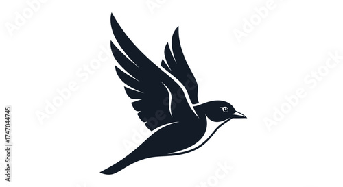 A simple elegant black bird icon possibly a swallow or finch flying upwards with spread wings.