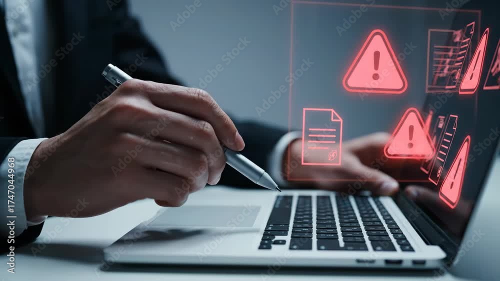 Red Alert Computer. Sign Man in Suit Analyzing Security Risks On a Laptop with Red Alert Symbols ...