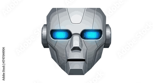 Metallic Robot Head with Glowing Blue Eyes Futuristic Design.