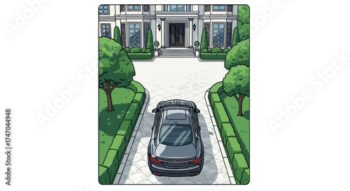 Car parked in front of a large luxurious house with manicured landscaping.