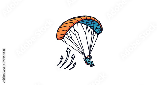 Colorful hand-drawn illustration of a person paragliding with an orange and blue canopy.